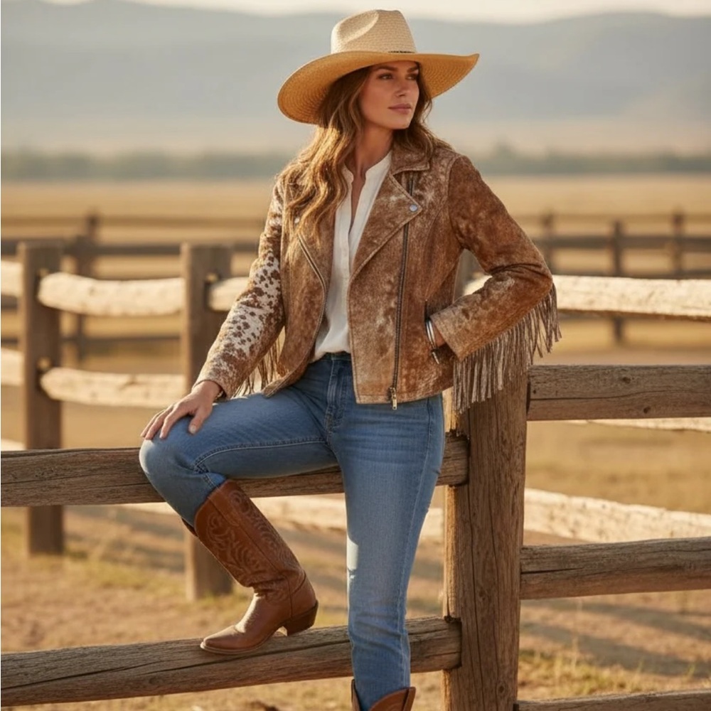 Fringed Cowhide Leather Jacket - Brown & Cream